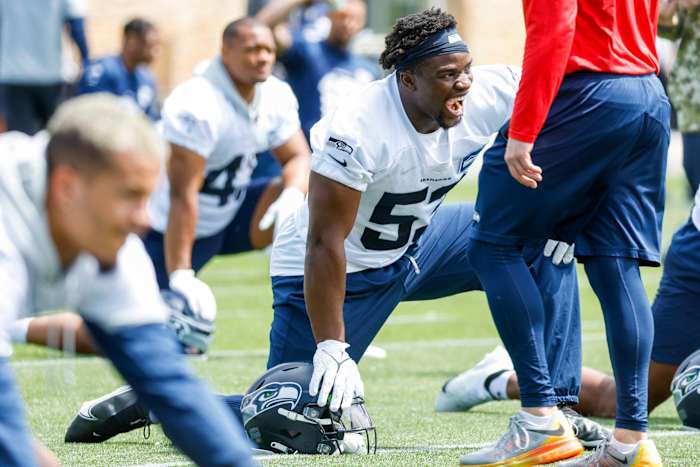 NFL: Seattle Seahawks OTA May 23, 2022; Renton, WA, USA; Seattle Seahawks linebacker Boye Mafe (53) stretches during an OTA workout at the Virginia Mason Athletic Center.